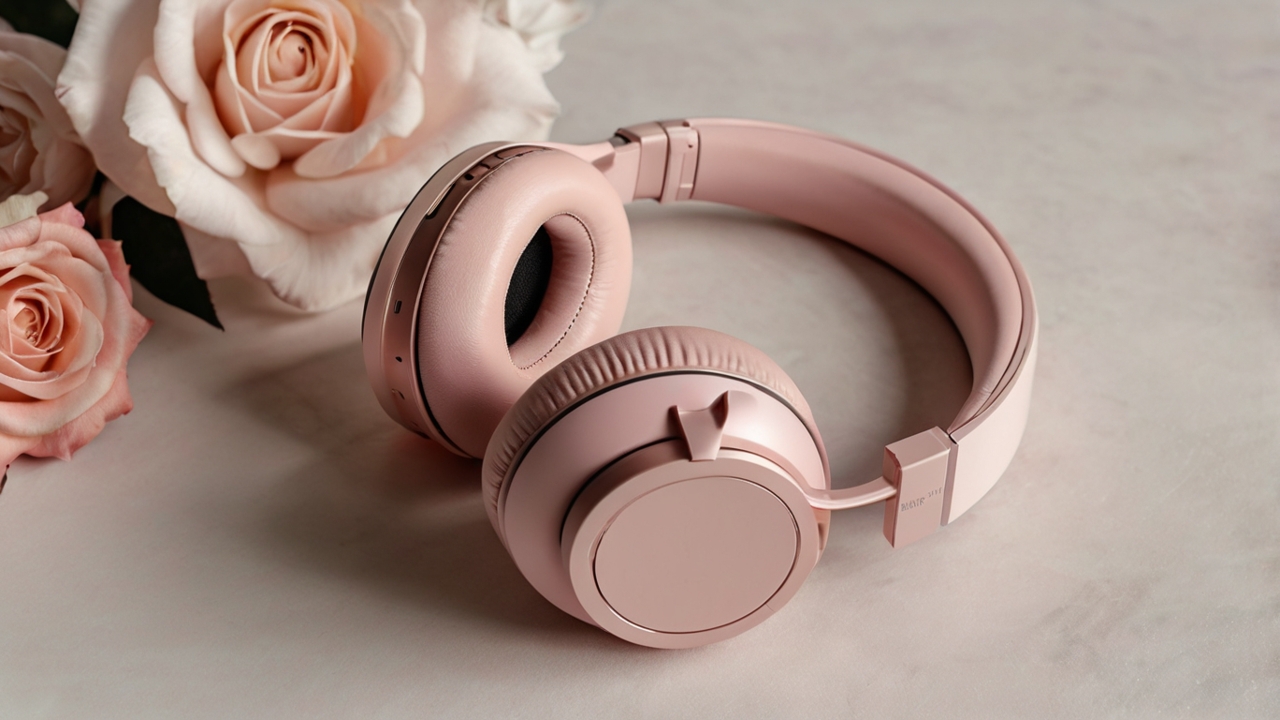 2.Leonardo Kino XL Stylish blush pink wireless headphones on a m 3
