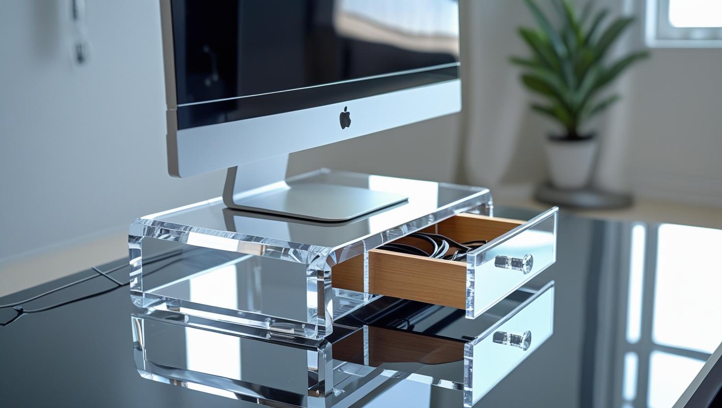 A clear acrylic monitor stand holding a curved monitor small drawer slightly open showing charging cables inside sleek and modern desk setup reflective surfaces 4K detail