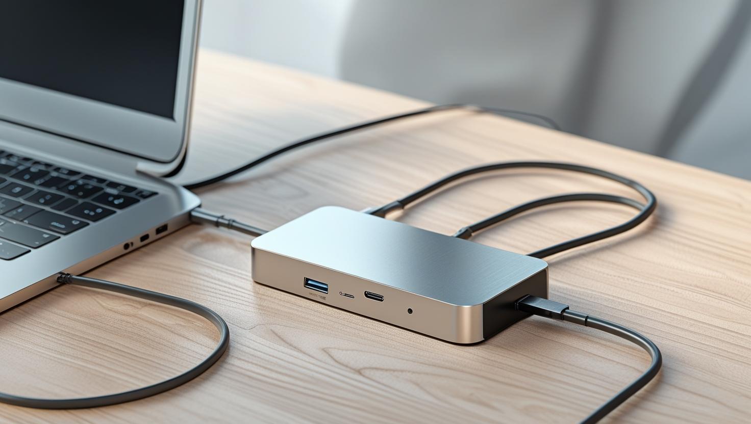 A minimalist silver USB C docking station plugged into a laptop with cables neatly connected placed on a light oak desk shallow depth of field studio quality realism 1