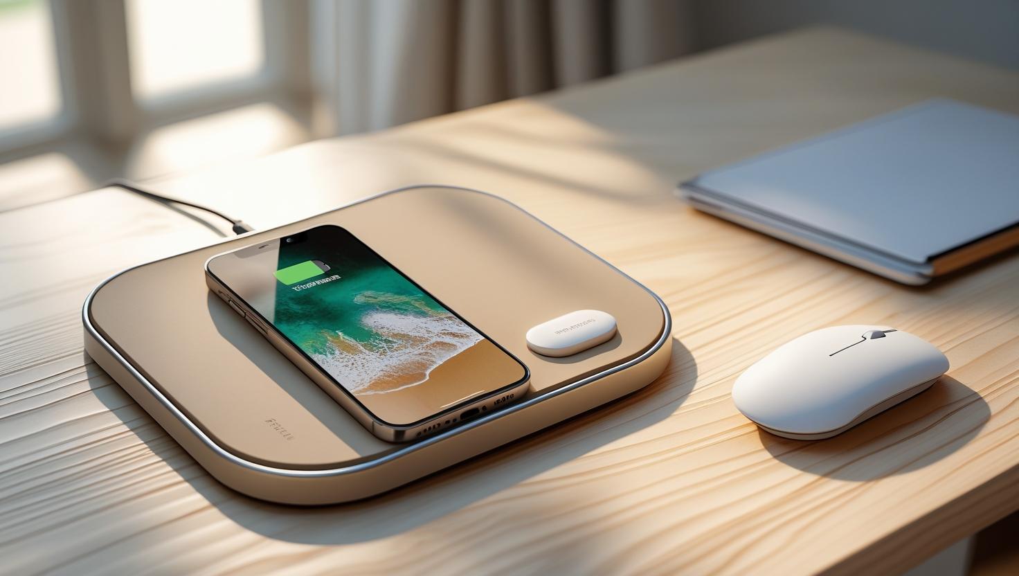A sleek beige wireless charging desk mat with an iPhone placed on the charging spot a minimalist mouse on the pad and a clean wooden desk in the background soft natural lighting hyper realistic 4K details
