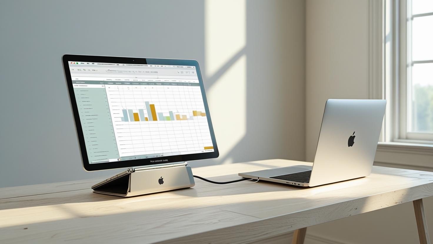 A slim foldable portable monitor connected to a MacBook on a minimalist desk screen showing a spreadsheet muted color palette natural light from a window ultra HD realism