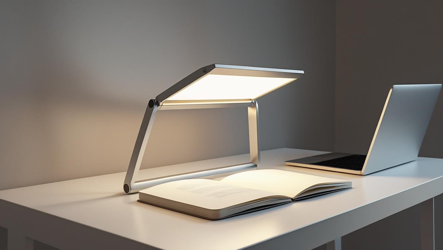 A slim silver foldable LED desk lamp on a white desk illuminating a notebook and laptop modern Scandinavian style soft shadows realistic textures neutral tones cinematic lighting