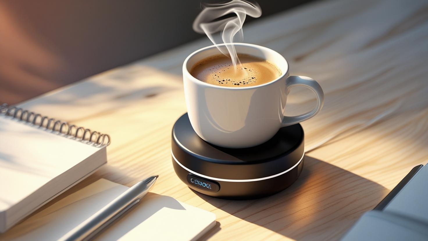 A small matte black smart mug warmer with a white ceramic coffee cup on top steam rising modern desk with a notebook and pen warm ambient lighting hyper detailed