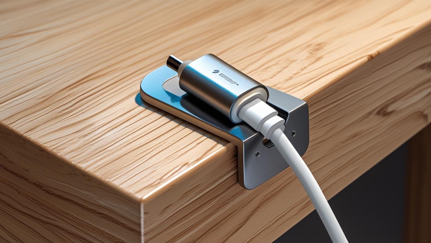 A small metallic magnetic cable organizer stuck to the edge of a wooden desk holding a coiled white USB C cable ultra clean setup macro shot realistic materials studio lighting