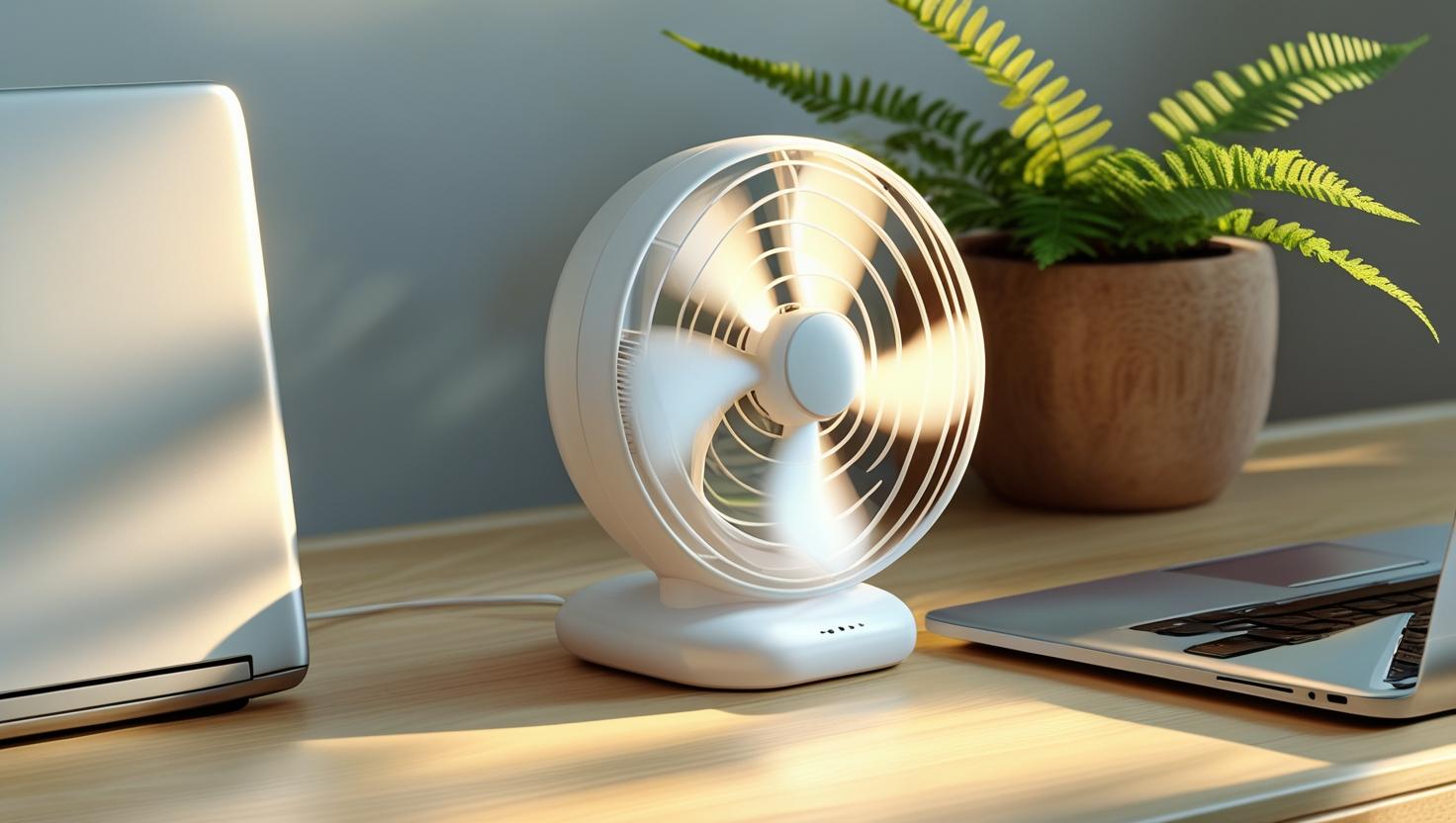 A tiny white desk fan with soft blades barely visible motion blur sitting beside a laptop light breeze moving a small plants leaves natural daylight ultra realistic.
