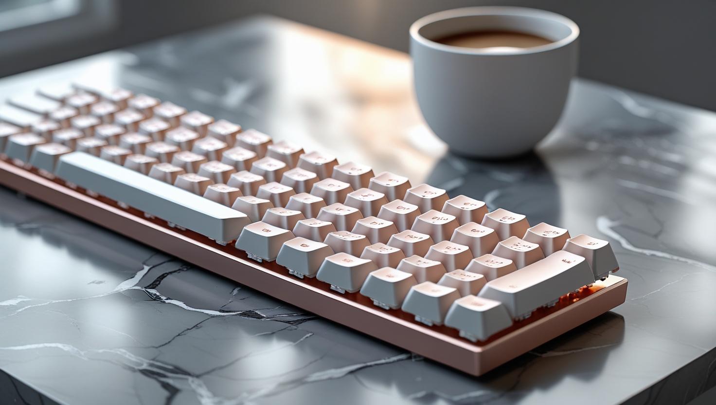 A white and rose gold Bluetooth mechanical keyboard on a marble desk shallow depth of field soft morning light minimalist setup with a coffee cup nearby photorealistic 8K detail