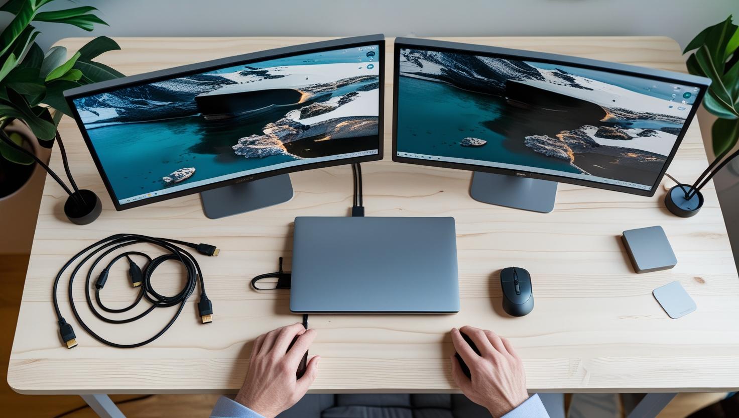 Flat lay of home office tech gear for dual monitor setup — HDMI cables docking station laptop mouse minimalist accessories on wooden desk