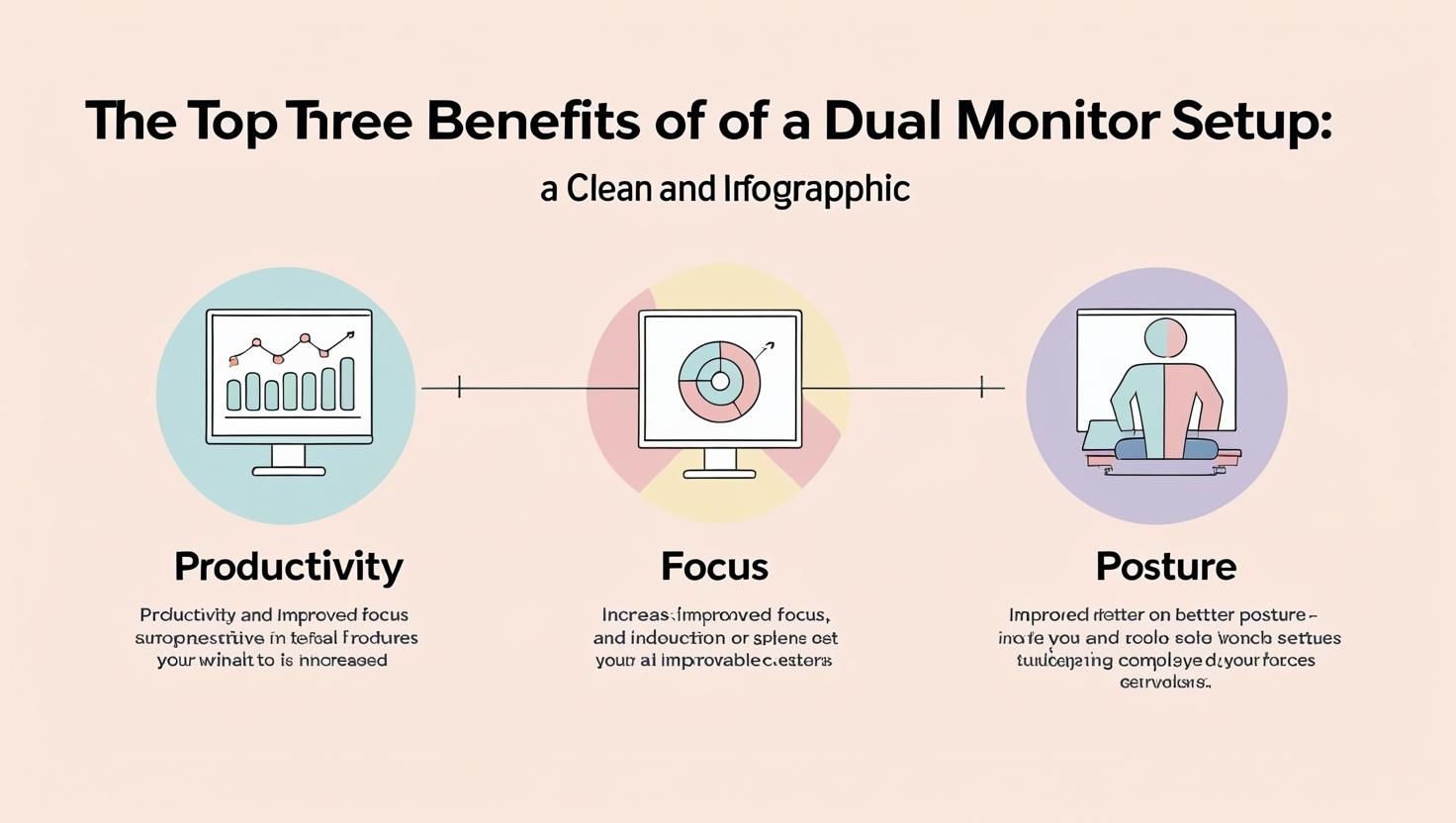 Infographic showing top 3 benefits of dual monitor setup productivity focus posture — clean layout with icons pastel colors tech theme