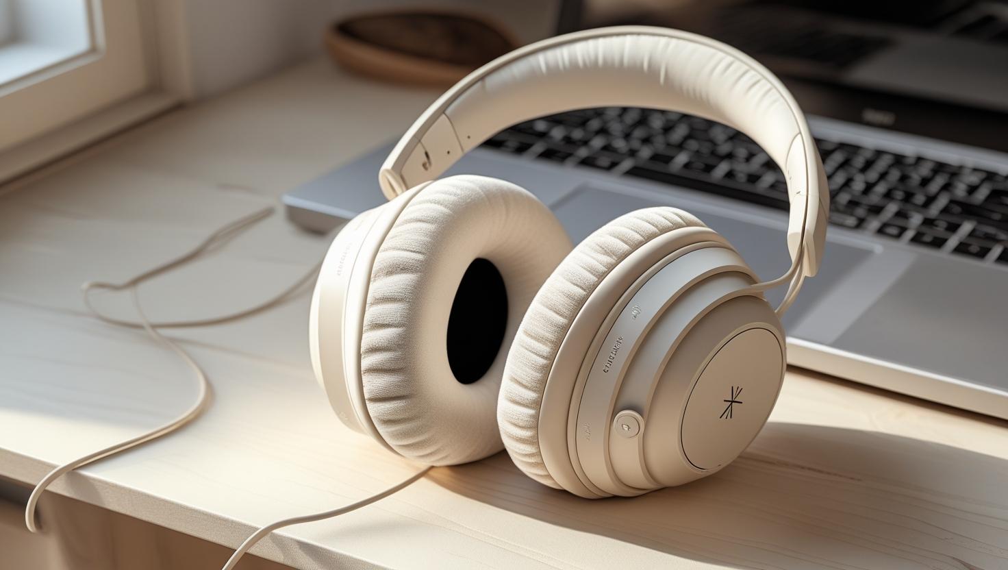 Ivory white over ear headphones resting on a beige desk next to a laptop soft fabric ear cushions subtle branding cozy home office vibe photorealistic diffused lighting
