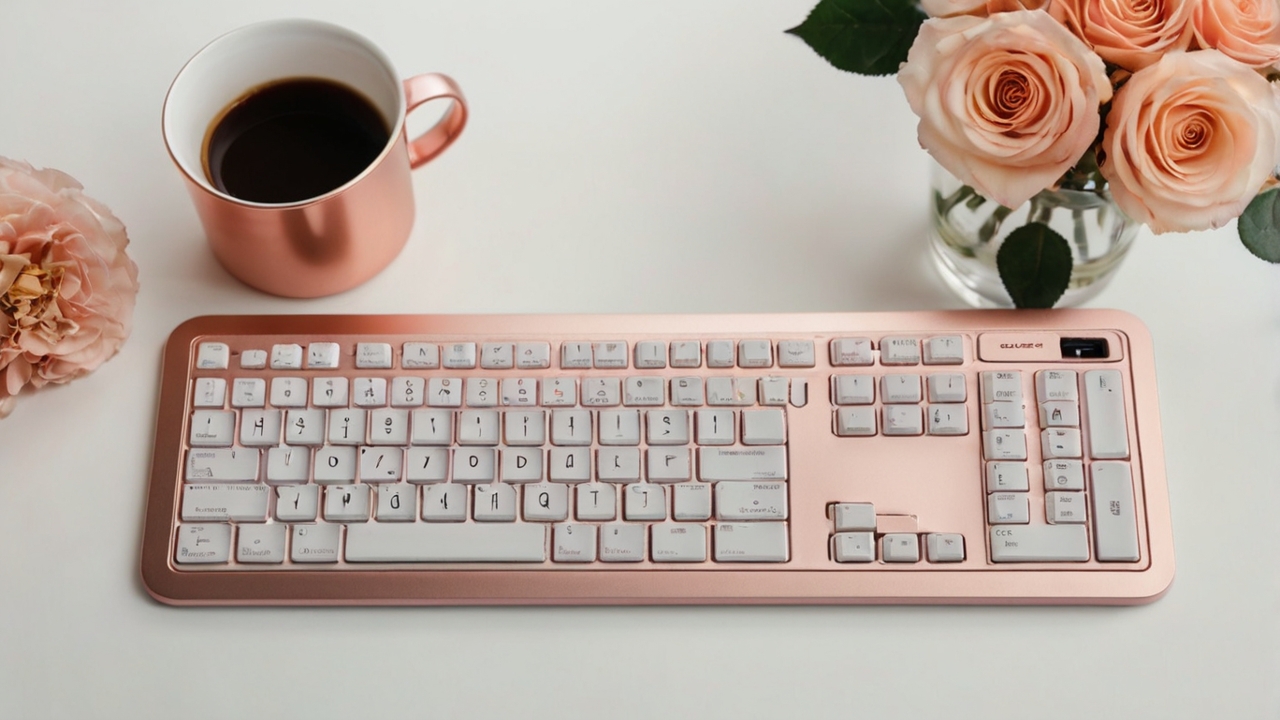 Leonardo Kino XL Flat lay of a rose gold wireless keyboard on 3