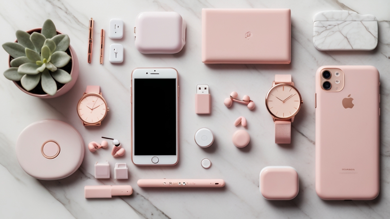 Leonardo Vision XL Flat lay of cute pink tech gadgets for wome 2
