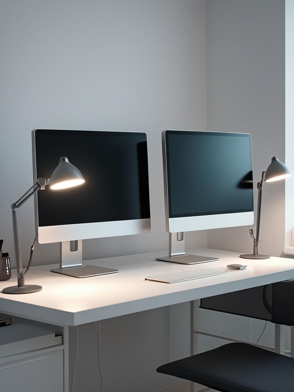 Stacked monitor setup in home office with compact desk and task lighting 1