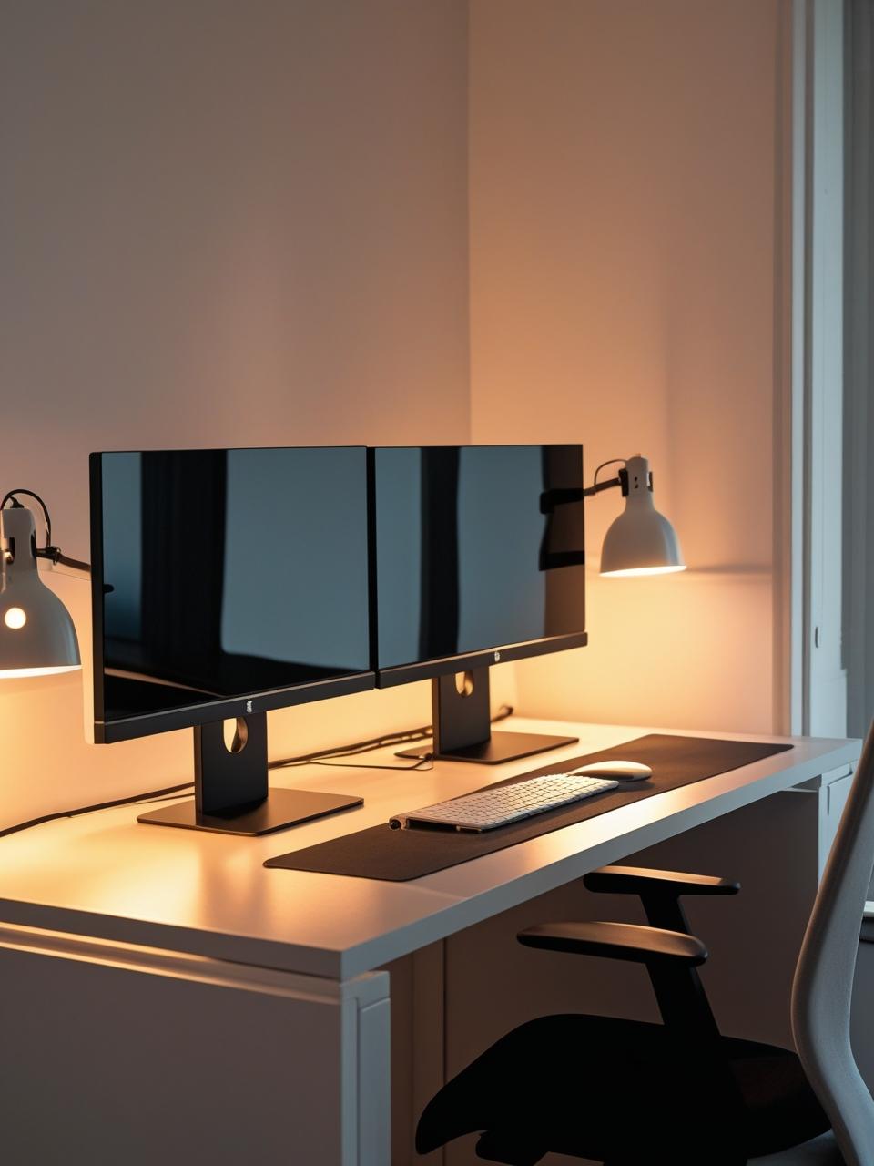 Stacked monitor setup in home office with compact desk and task lighting. 1 1