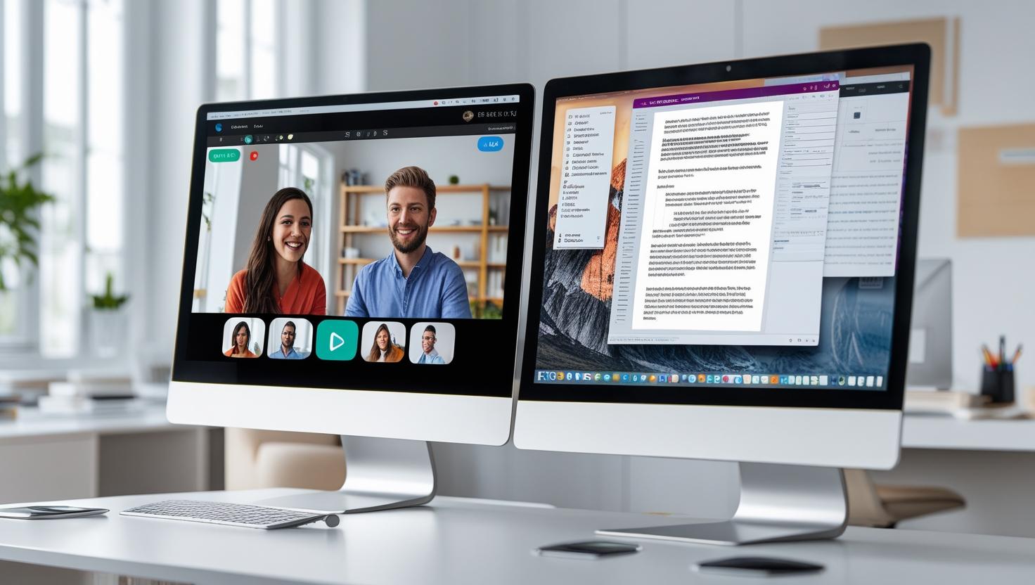 Two computer monitors showing a multitasking setup — video call on one screen document editing on the other modern home office background 2
