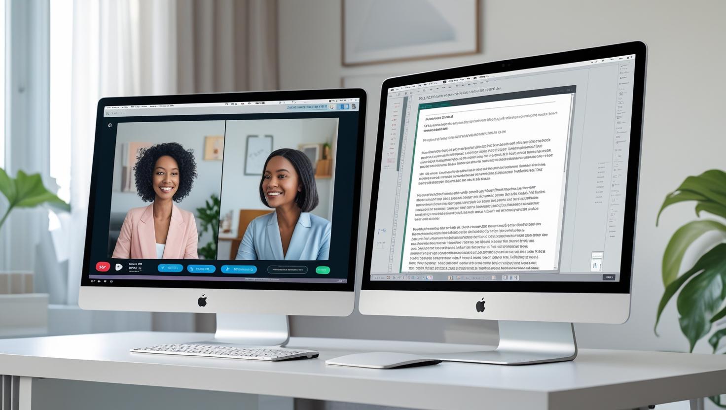 Two computer monitors showing a multitasking setup — video call on one screen document editing on the other modern home office background. 1