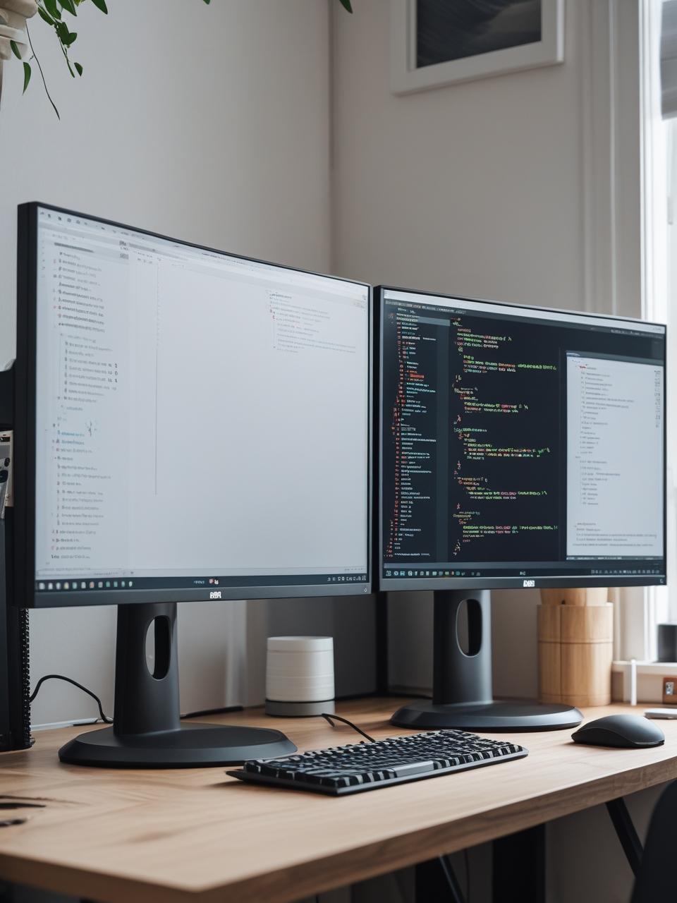 Vertical and horizontal dual monitor arrangement for coding cozy small space 1 1